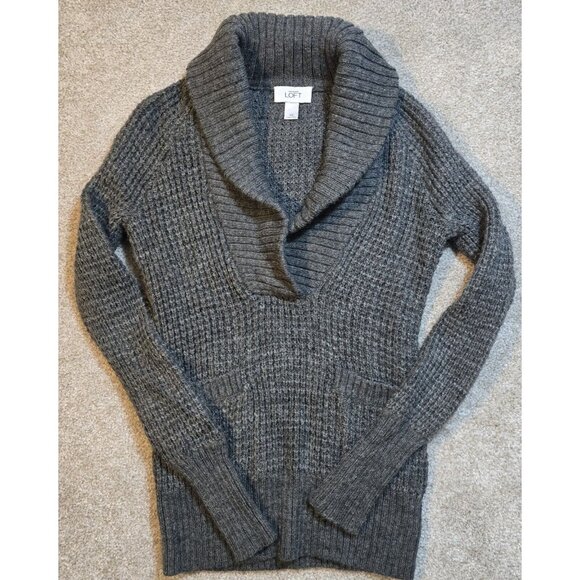 Ann Taylor Loft Gray Knit Sweater Alpaca Wool Roll Collar Pockets Pullover Sz XS - Picture 5 of 14